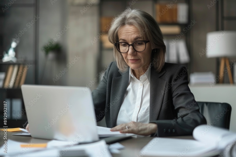 A woman sits at a desk using a laptop computer, possibly doing work or studying A woman sits at a desk using a laptop computer, possibly doing work or studying