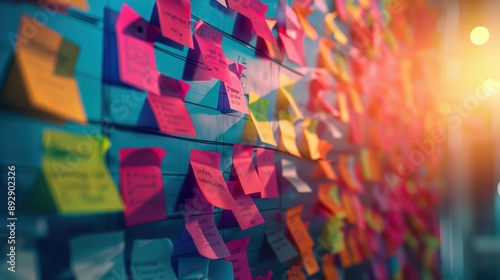 A creative brainstorming session with sticky notes on a wall