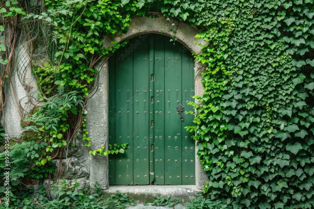 Rustic green door adorned with studs, surrounded by lush ivy in an ancient stone wall Rustic green door adorned with studs, surrounded by lush ivy in an ancient stone wall
