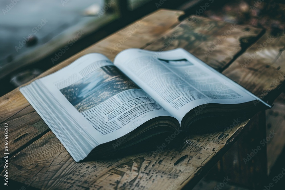 Fototapeta premium An open book resting on a wooden table, great for educational or literary concepts