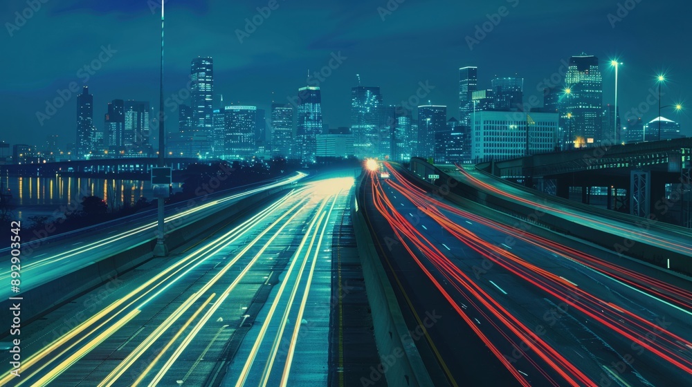 Highway with city skyline, urban view, light traffic, modern landscape