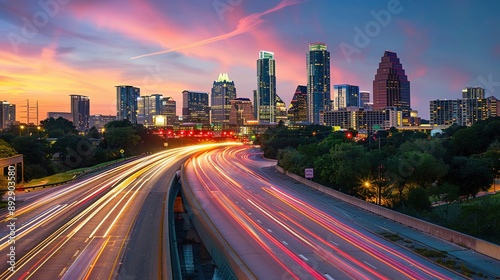 Highway with city skyline, urban view, light traffic, modern landscape