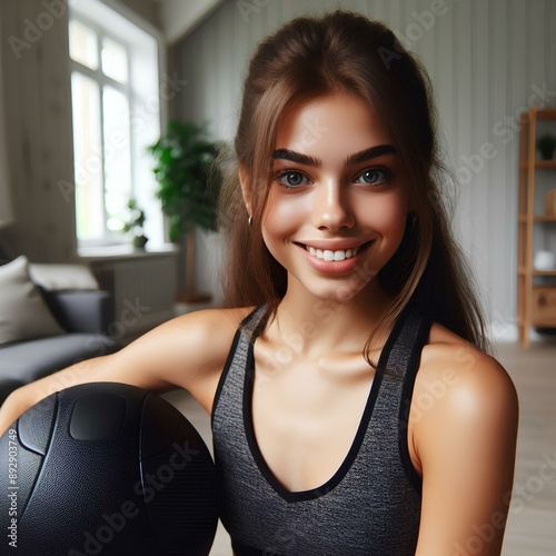  Girl, happy and portrait in home with medicine ball for exercise, workout and healthy with progress. Female person, house and smile or confident with fitness for self care, wellbeing and wellness photo