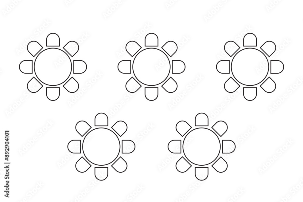 Cafe or restaurant seats arrangement plan. Tables and chairs icons isolated on white background. Banquet or wedding party seatings scheme top view. Vector graphic illustration Cafe or restaurant seats arrangement plan. Tables and chairs icons isolated on white background. Banquet or wedding party seatings scheme top view. Vector graphic illustration
