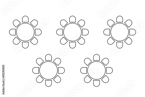 Cafe or restaurant seats arrangement plan. Tables and chairs icons isolated on white background. Banquet or wedding party seatings scheme top view. Vector graphic illustration