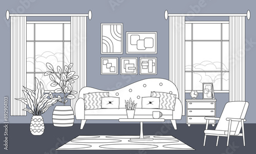 Interior sketch. Line illustration. Cozy living room interior with windows. Sofa and armchair, coffee table, vase and cups. Cabinet with household accessories. Flowers and books, paintings on the wall