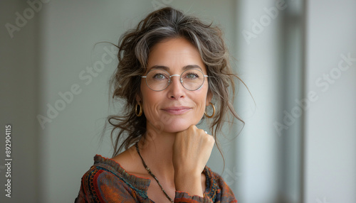 Mulher de Meia-Idade com Traços Brasileiros em Fundo Branco, Corpo Inteiro, Usando Roupas Elegantes e Óculos, Sorriso Leve, Mão no Queixo, Luz Natural, Fotorrealismo IA Generativa photo