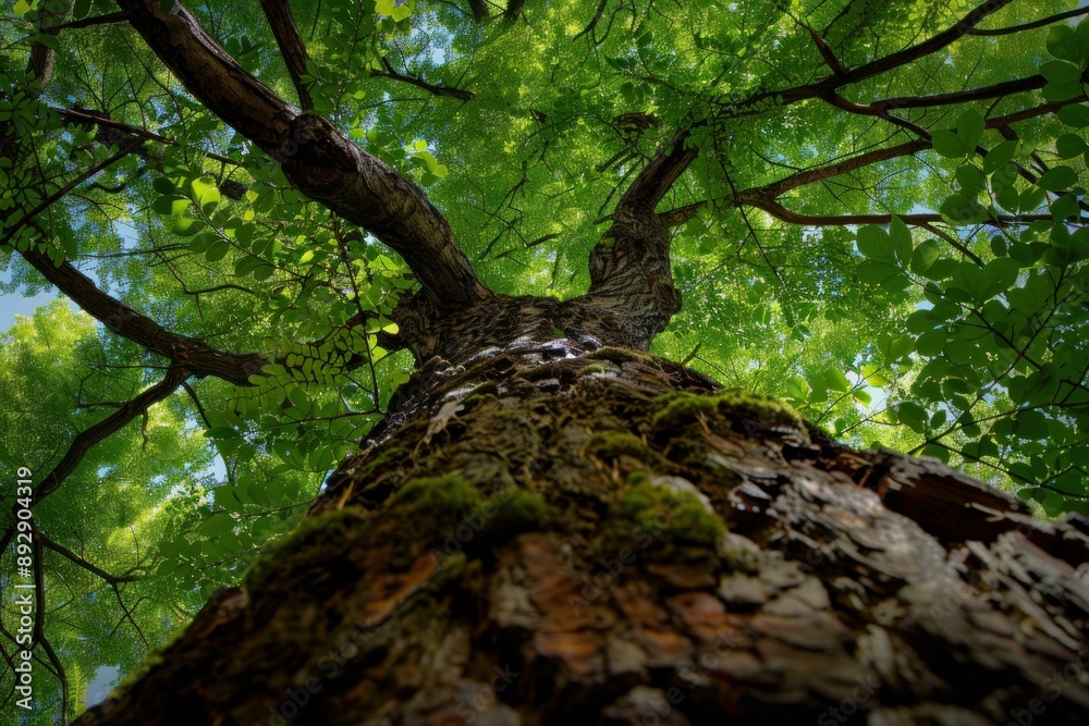 Upward view of a towering tree, showcasing its lush green canopy against the sky