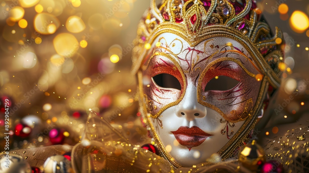 Photo beautiful carnival mask on table on golden background Photo beautiful carnival mask on table on golden background