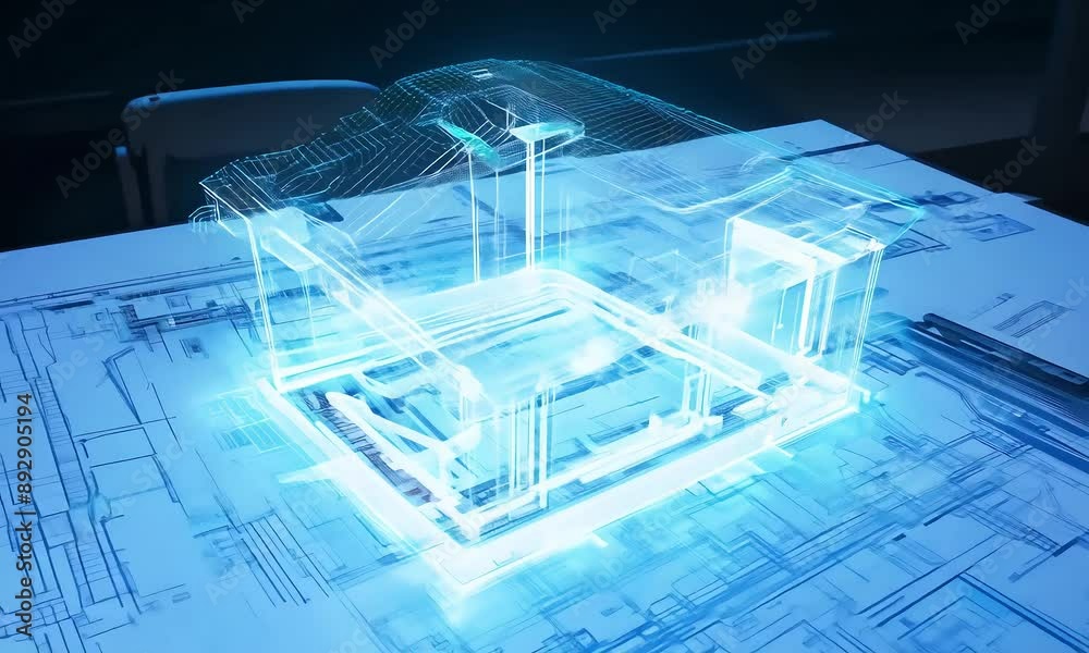 An architectural blueprint on a large drafting table gradually morphs into a digital 3D model (mov)