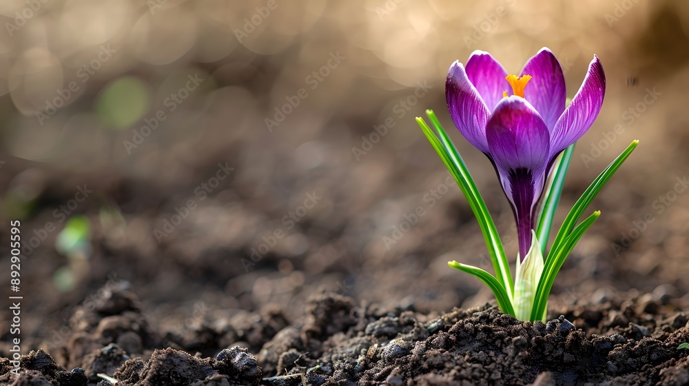 A purple crocus flower is growing out of the soil A purple crocus flower is growing out of the soil
