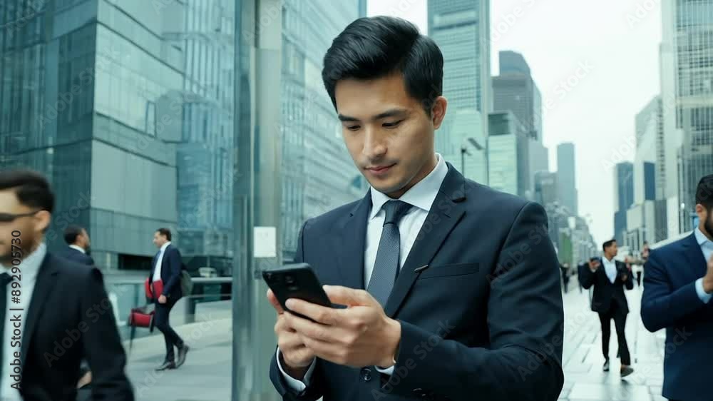 Business man walking street texting on phone Business man walking street texting on phone
