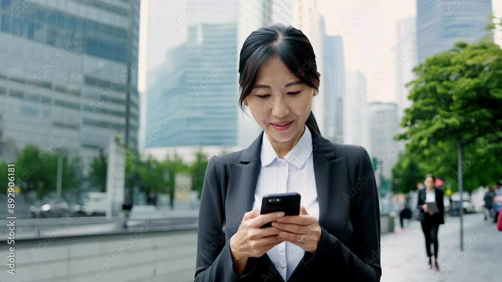 Business woman walking street texting on phone Business woman walking street texting on phone