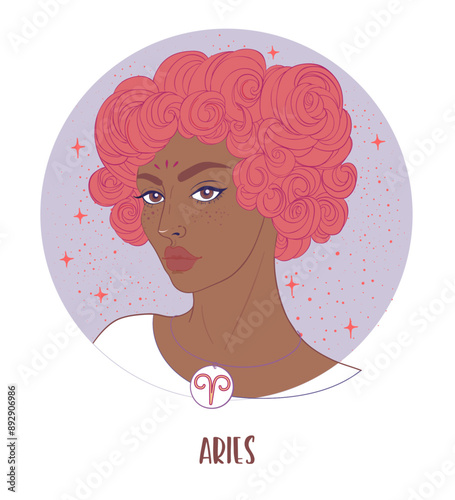 Illustration of Aries astrological sign as a beautiful African American girl....