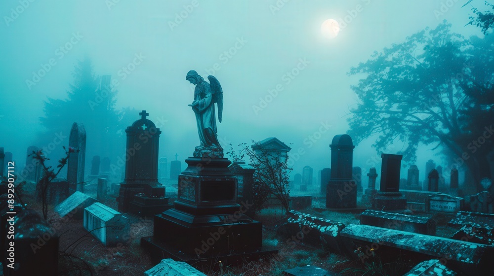 A cemetery at night with a moon in the sky A cemetery at night with a moon in the sky