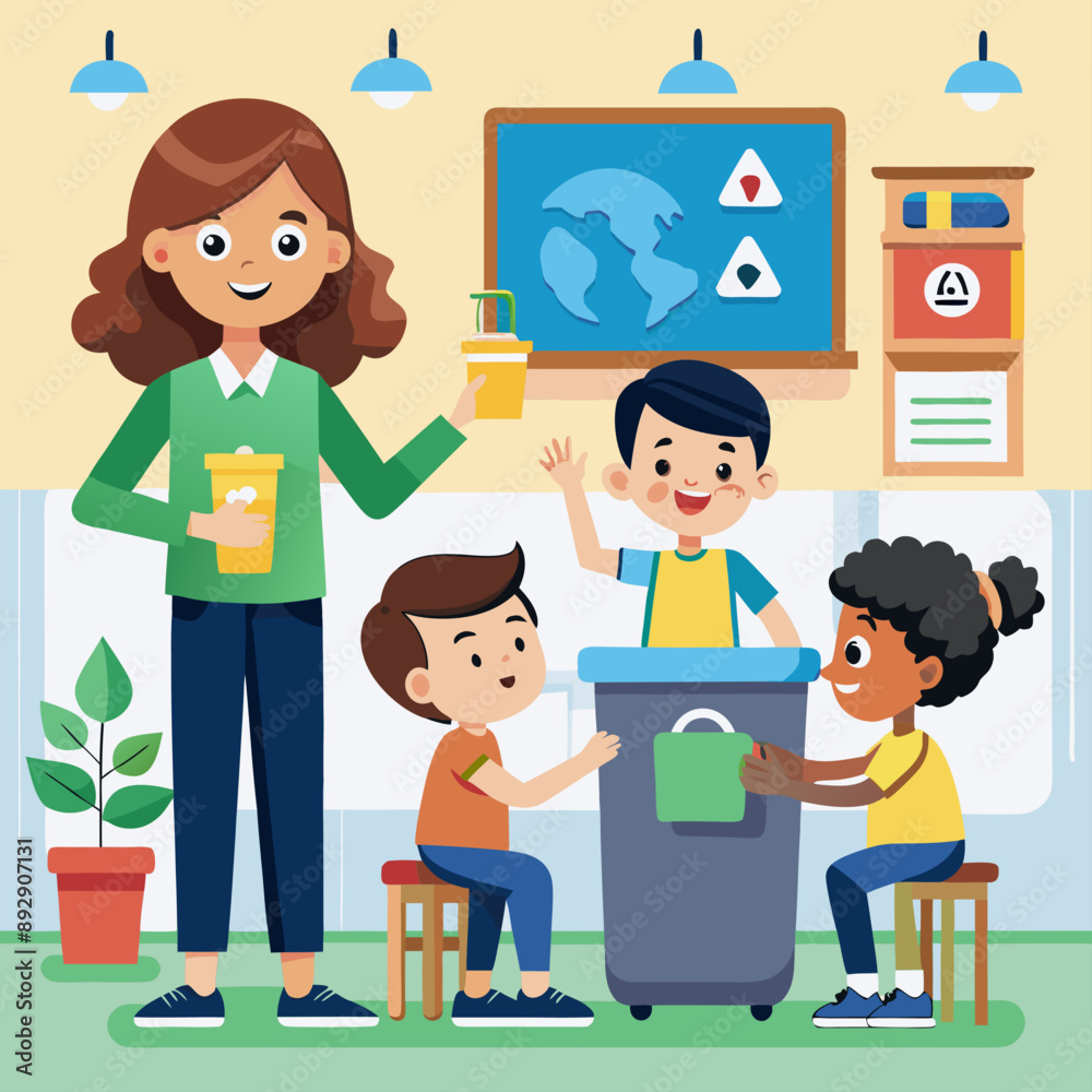 Vector illustration of a teacher and children learning about recycling in a classroom, promoting environmental education.