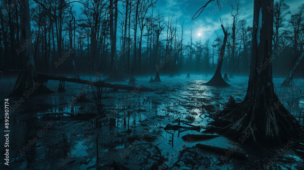 Obraz premium A dark forest with a moon in the sky