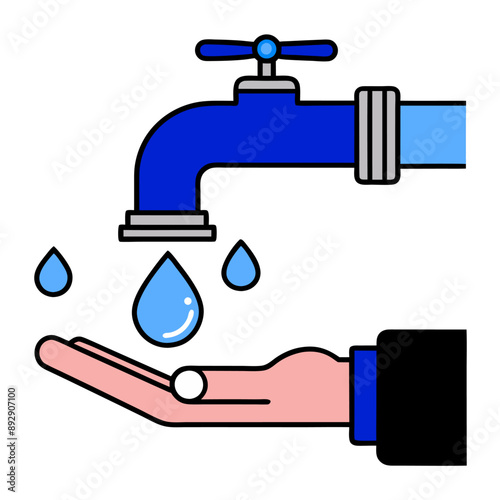 Vector illustration of a hand under a faucet with water droplets, symbolizing water conservation and responsible usage.
