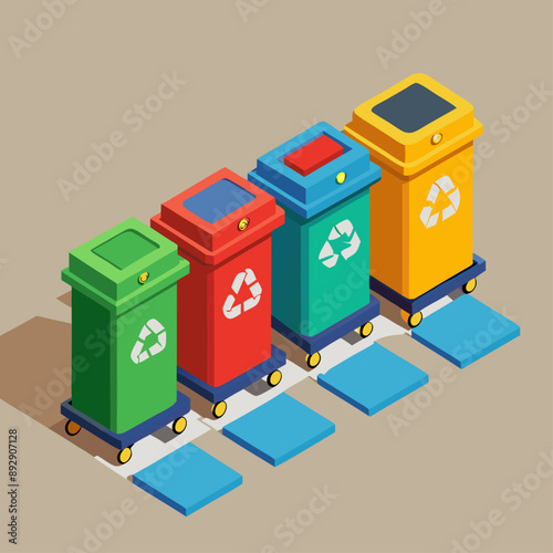  Isometric illustration of four recycling bins in different colors, promoting waste segregation and environmental responsibility.