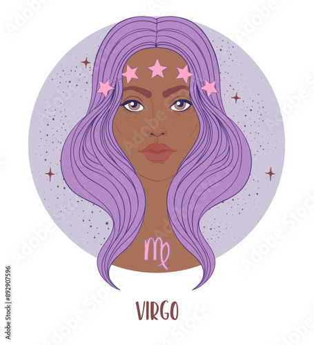 Illustration of Virgo astrological sign as a beautiful African American girl....