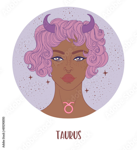 Illustration of Taurus astrological sign as a beautiful African American girl...