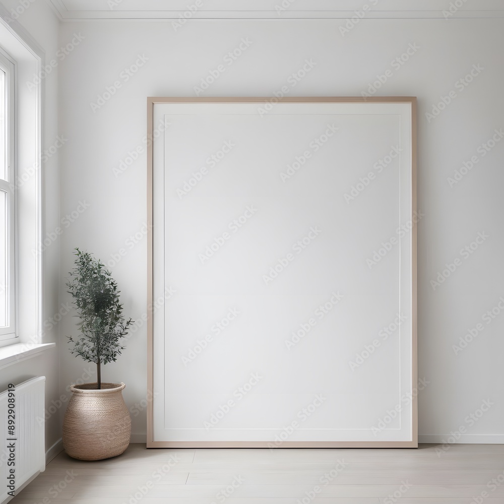 Vertical Frame Mockup Beside Plant in White Wall Background Vertical Frame Mockup Beside Plant in White Wall Background