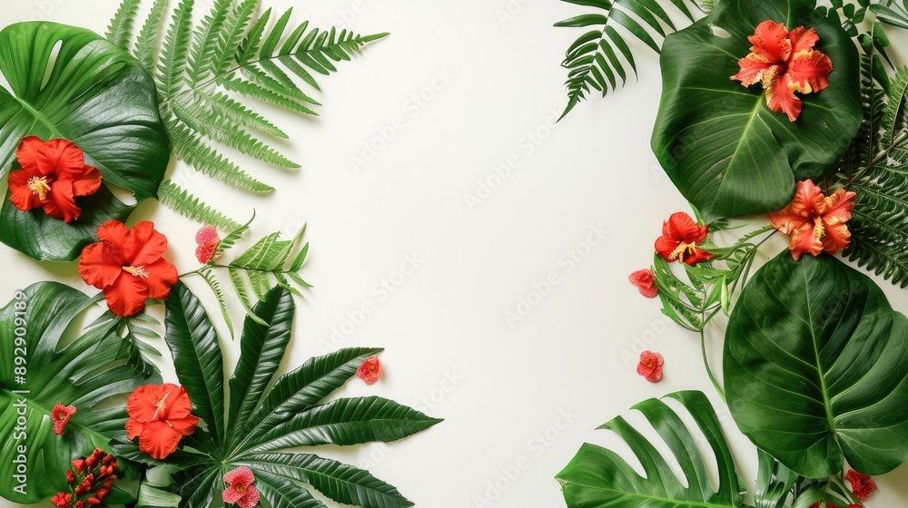 Green tropical leaves and red flowers arrangement on white background with fern and dieffenbachia leaves Summer concept Green tropical leaves and red flowers arrangement on white background with fern and dieffenbachia leaves Summer concept