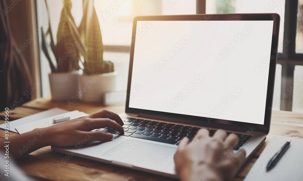 Person Working on Laptop with Empty Screen, Wooden Desk and Supplies Person Working on Laptop with Empty Screen, Wooden Desk and Supplies