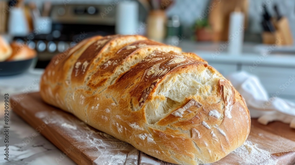 Freshly Baked Loaf of Artisan Bread on Wooden Cutting Board in Modern Kitchen. This Image Showcases Homemade Baked Goods and Culinary Skills. Ideal Freshly Baked Loaf of Artisan Bread on Wooden Cutting Board in Modern Kitchen. This Image Showcases Homemade Baked Goods and Culinary Skills. Ideal