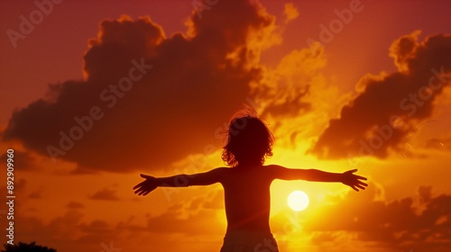 silhouette of a child with open arms at sunset capturing warm vibrant sky