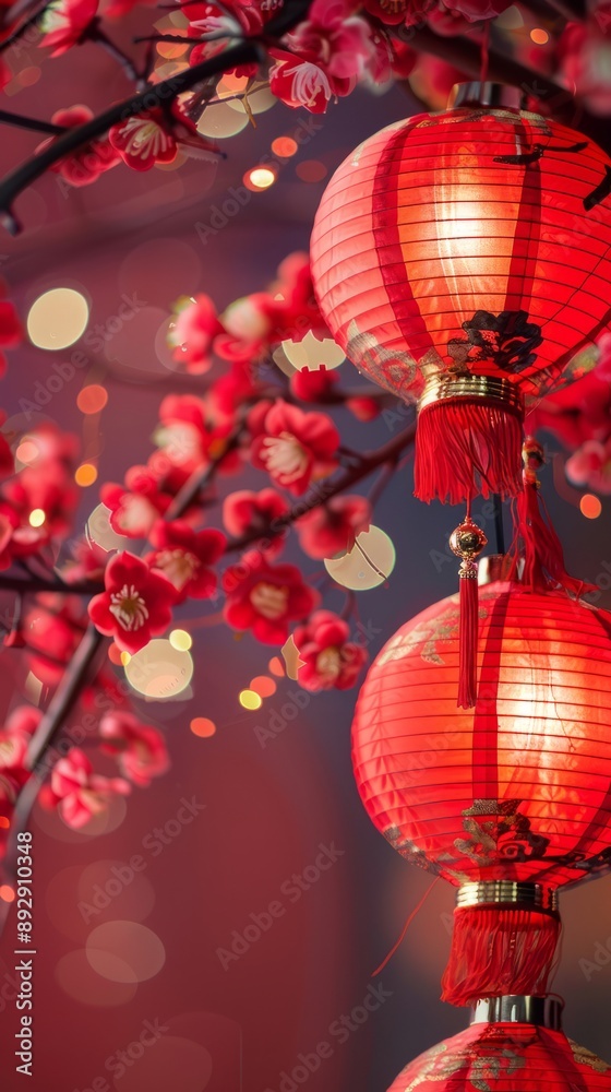Photo close-up of red lanterns hanging in row Photo close-up of red lanterns hanging in row