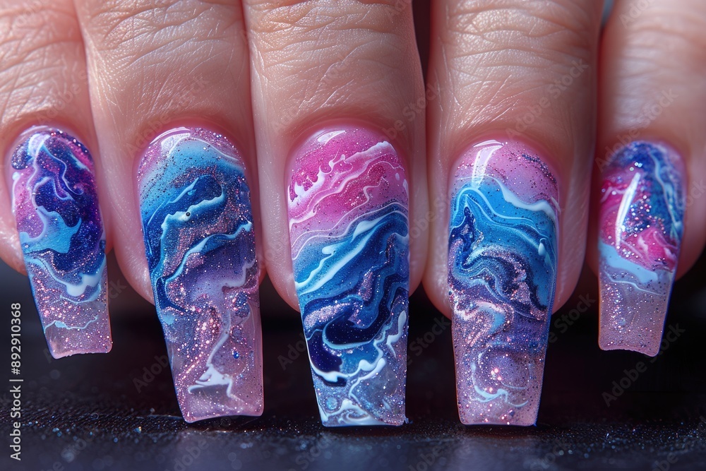Closeup of a hand with long nails adorned with intricate blue pink and white swirl nail art and glitter accents Closeup of a hand with long nails adorned with intricate blue pink and white swirl nail art and glitter accents