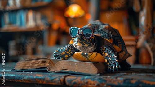 Cool Turtle Reading a Book