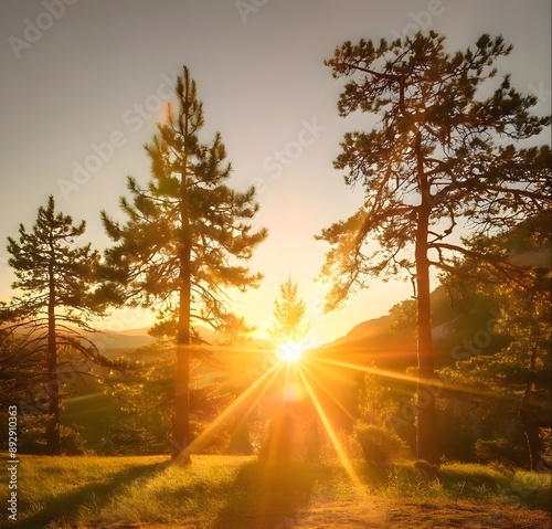 Sunset Through Stunning Mature Evergreen Pines