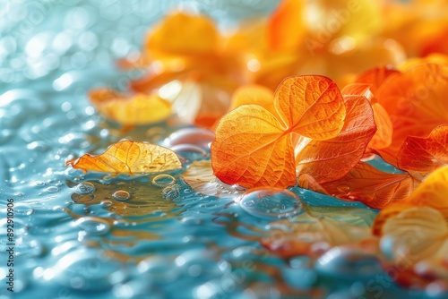 Delicate orange leaves floating gracefully on a calm blue water surface