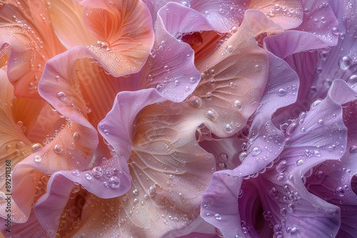 A closeup image of delicate flower petals with water droplets