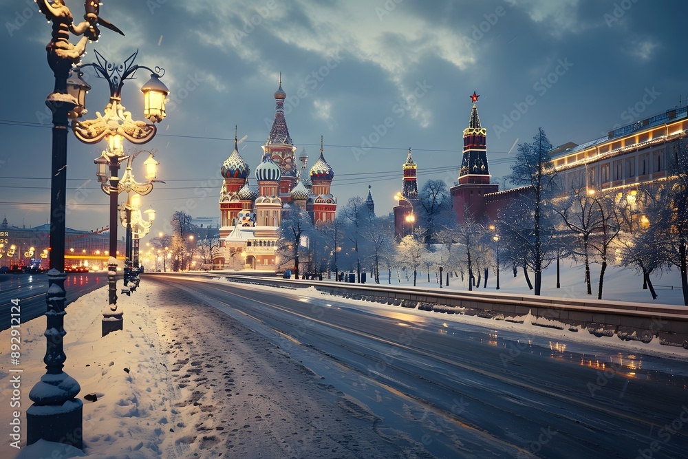 Fototapeta premium St. basil's cathedral and red square at dusk in winter. Generative AI
