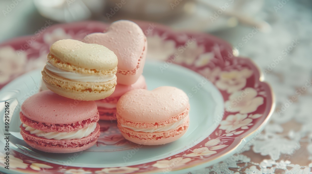 A delightful photograph of heart-shaped macarons in pastel colors A delightful photograph of heart-shaped macarons in pastel colors