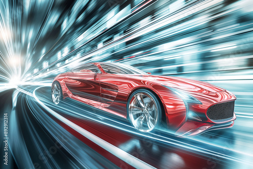 Wallpaper Mural Red luxury car speeding through futuristic city lights, high-tech automotive, motion blur, sleek design, fast vehicle, high-quality image, modern transportation, dynamic driving, innovative technology Torontodigital.ca