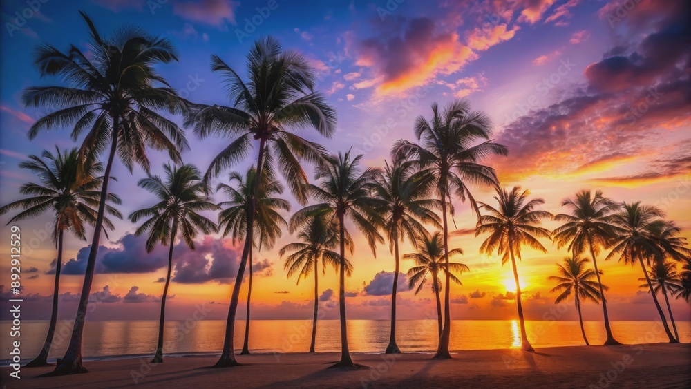 Silhouettes of palm trees on a tropical beach during sunset, tropical, beach, sunset, palm trees, silhouettes, vacation, relaxation Silhouettes of palm trees on a tropical beach during sunset, tropical, beach, sunset, palm trees, silhouettes, vacation, relaxation