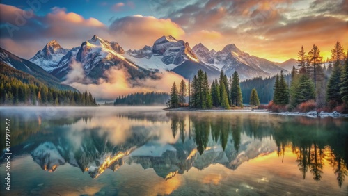 Breathtaking painting of a mountain lake at dawn with snow-capped mountain in background, serene, painting