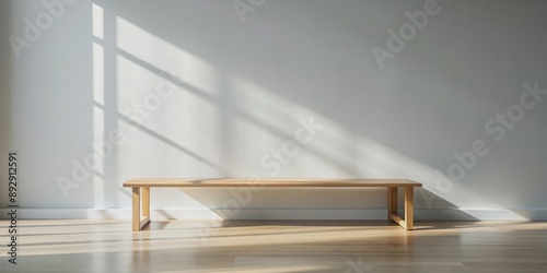 Minimalist empty wooden bench casting shadows in a bright room , bench, empty, minimalist, wooden, shadows, bright, room, interior