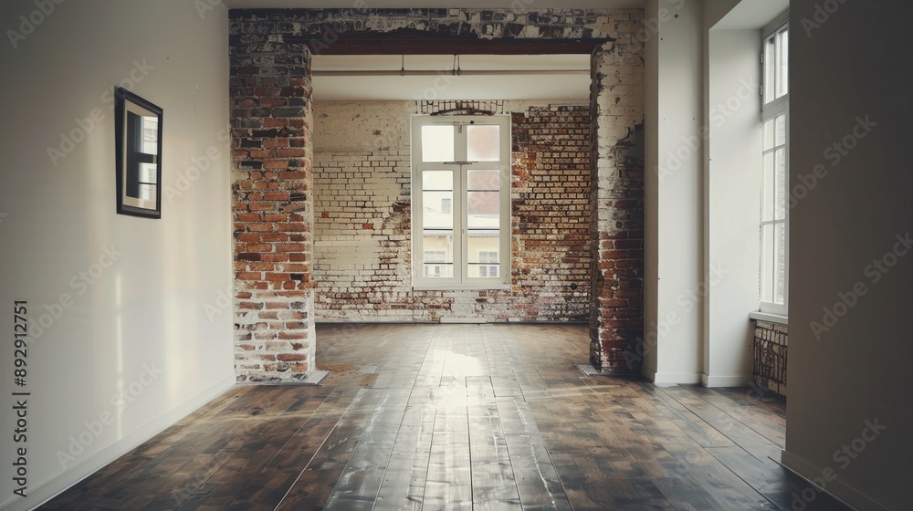 Interior with gray walls and brick details set against a white backdrop Interior with gray walls and brick details set against a white backdrop