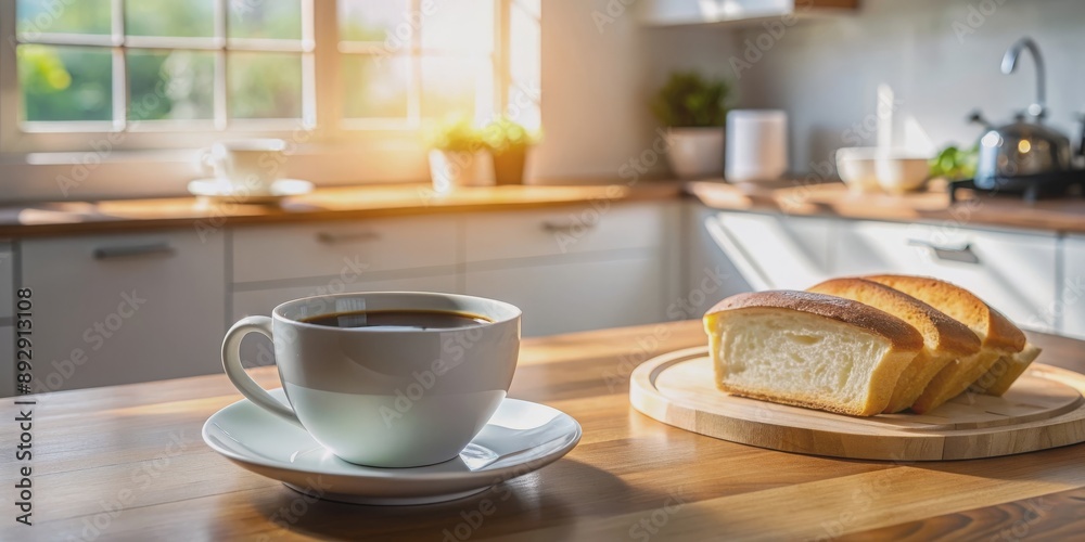 A cup of coffee and bread on a kitchen table in the early morning, capturing the essence of minimalism, comfort A cup of coffee and bread on a kitchen table in the early morning, capturing the essence of minimalism, comfort