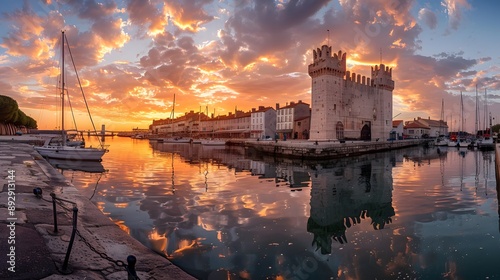 Panorama of the old harbor of La Rochelle, France at sunsetPanorama of the old harbor of La Rochelle, France at sunset photo