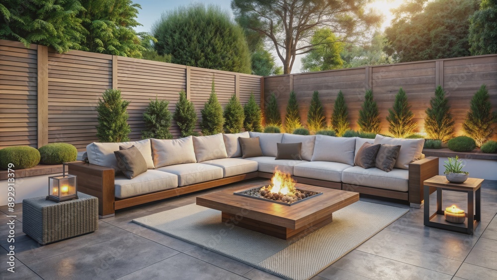 Modern patio setting with a comfortable sectional sofa surrounding a wooden fire pit, modern Modern patio setting with a comfortable sectional sofa surrounding a wooden fire pit, modern