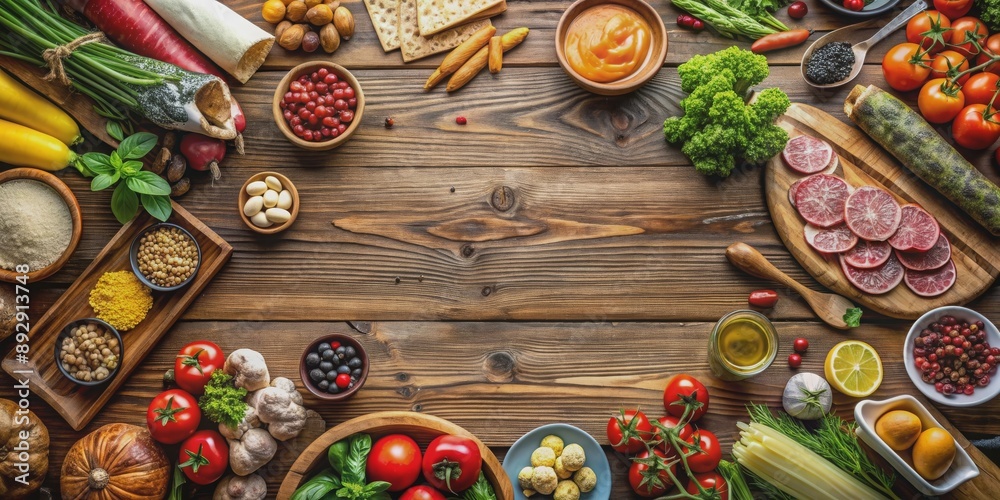 Wooden table topped with a variety of fresh and delicious food, wooden, table, food, fresh, delicious, meal, healthy Wooden table topped with a variety of fresh and delicious food, wooden, table, food, fresh, delicious, meal, healthy