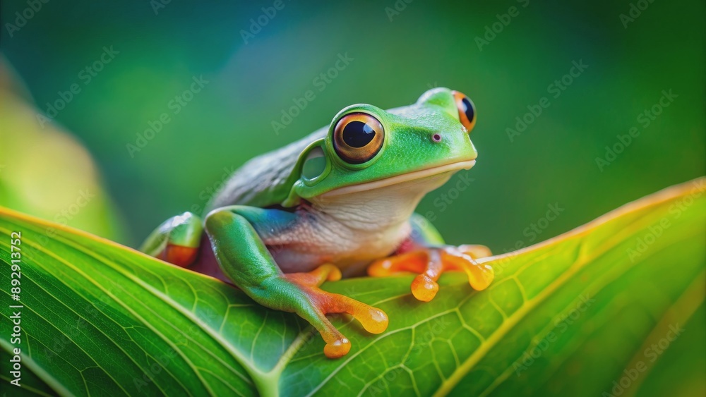 Green frog sitting on a vibrant leaf , frog, nature, wildlife, amphibian, green, leaf, sitting, outdoor, environment, tropical Green frog sitting on a vibrant leaf , frog, nature, wildlife, amphibian, green, leaf, sitting, outdoor, environment, tropical