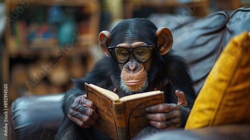 Chimpanzee Reading a Book