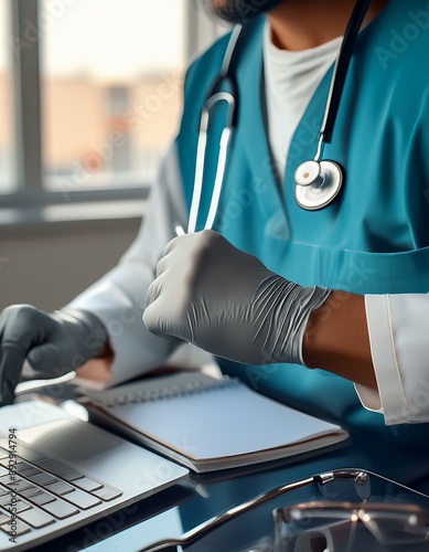 mains d'un médecin en hôpital avec des gants de chirurgie qui rentre des données dans un ordinateur sur un patient en ia